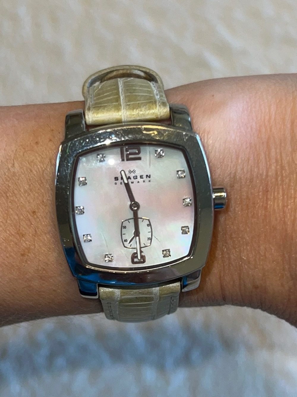 Skagen Light Green Genuine Leather Denmark Square Mother of Pearl Watch